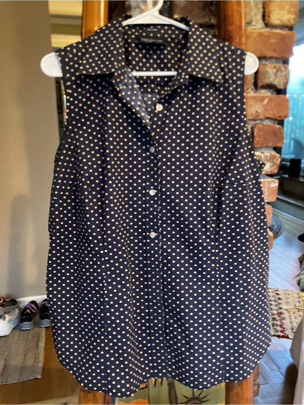 Jones New York Navy Blouse with Cream Polka Dots